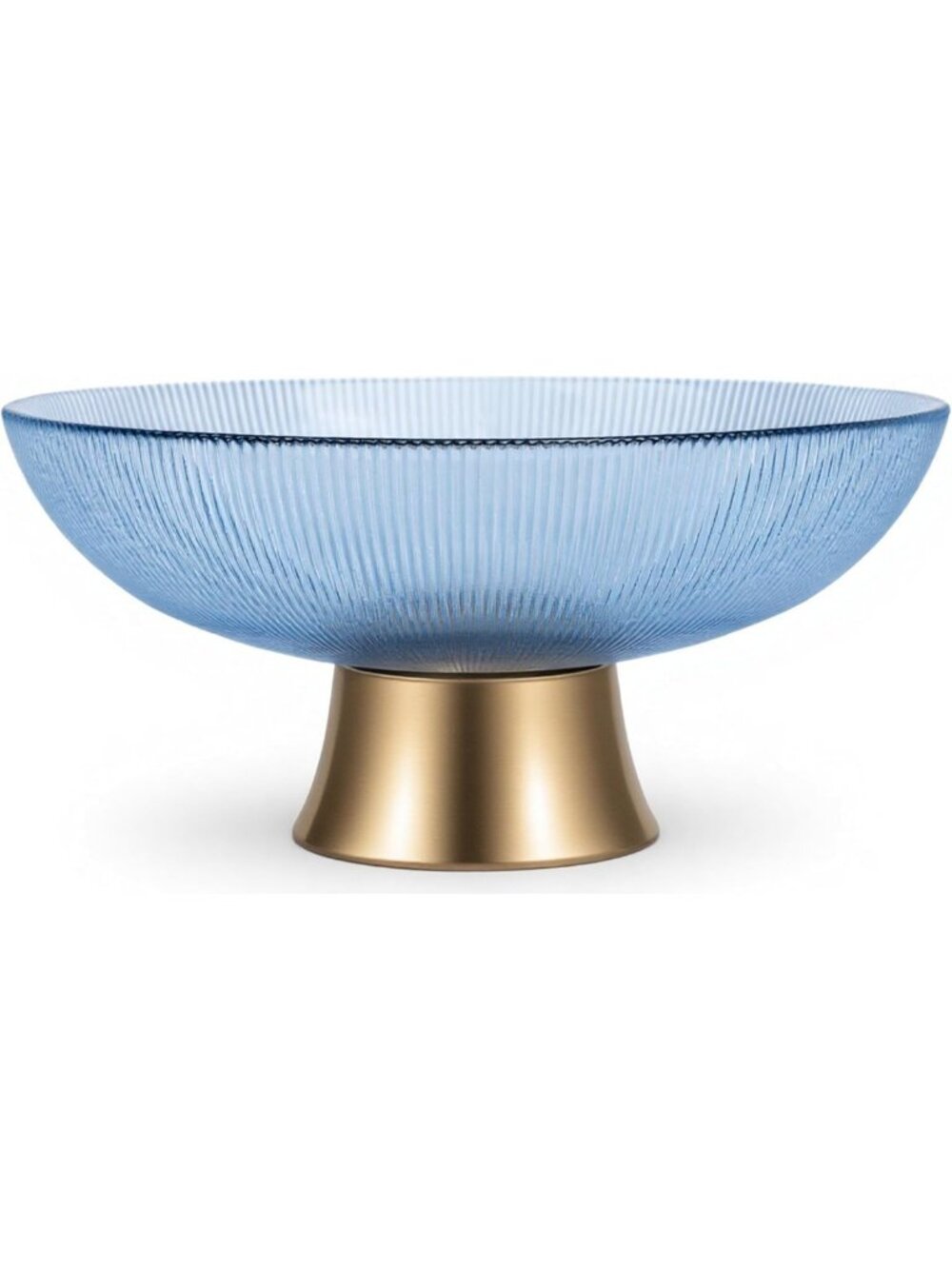 Handblown Blue Glass Bowl with Striped Design - 9.8” Decorative Centerpiece for